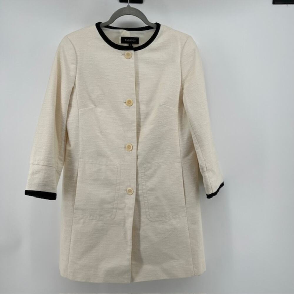 Talbots Duster Jacket Textured Cotton Womens 6 Cream Black Trim Button Office
